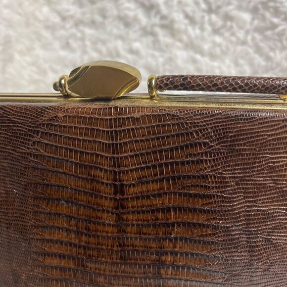 Vintage Brown Snake skin print handbag with antique gold tone hardwares. - Picture 6 of 15